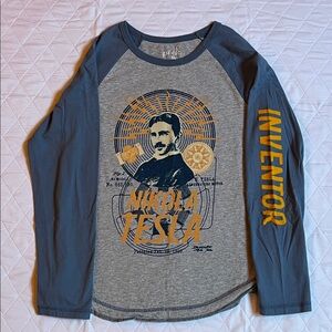 Peek Nikola Tesla Front/Back Graphic Long Sleeve Shirt - Gray and Blue